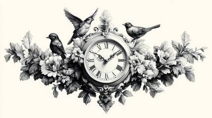 Ornate Clock with Three Birds and Floral Design