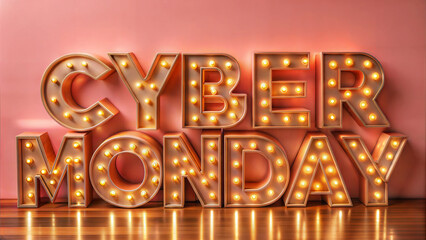 Cyber Monday display with illuminated letters on a pink background.