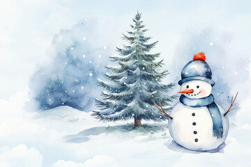 Obraz premium Christmas snowman background, watercolor illustration remix