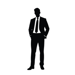 a business man standing pose vector silhouette, black color silhouette, isolated white background