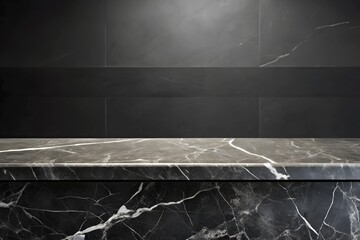 Empty table marble black countertop on black wall background