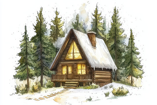 A cozy wooden cabin nestled among snowy pine trees, complete with a thatched roof and warm light glowing from the windows. - Powered by Adobe