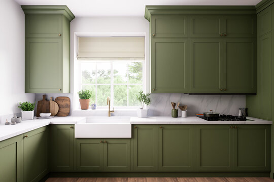 A contemporary modern kitchen with striking green cabinets and a clean, minimalist design