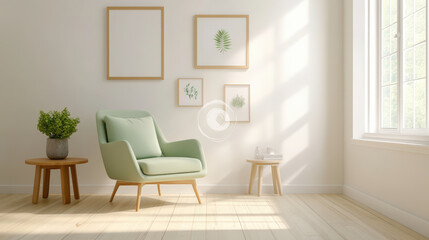 Fototapeta premium A serene living room with a green armchair, minimalist framed art, and natural light streaming through a large window creates a peaceful atmosphere.