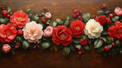 Obraz premium A border of colorful roses and berries on a wooden background.
