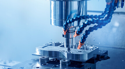 Banner industry CNC, cutting process milling machine working injection mold part by mill tool, blue...