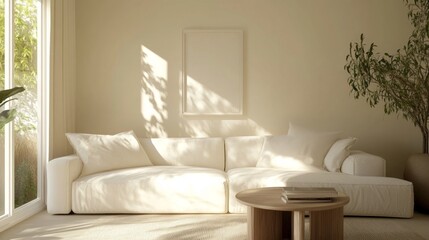 Fototapeta premium A bright living room with beige walls, a white sectional sofa, and a simple wooden side table, designed to maximize openness and minimalism