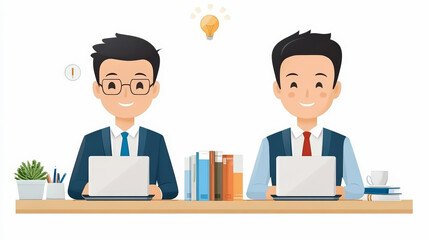 Obraz premium Two cartoon characters are working at laptops with books, a potted plant, and a coffee cup on a desk, symbolizing teamwork and productivity.