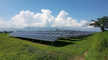 Solar panels on the green lawn Blue sky and clouds