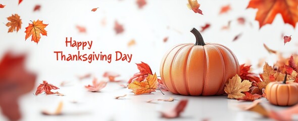 3D illustration of a pumpkin with autumn leaves and happy thanksgiving day text for festive celebration