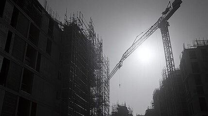 construction site with a building under construction, cranes operating, and scaffolding set up, demonstrating the process of site development and building infrastructure