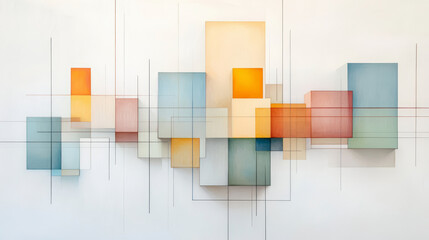 Abstract geometric artwork featuring overlapping colored rectangles and thin lines, creating a sense of depth and movement on a neutral background.