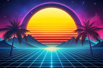 Fototapeta premium Retro sunset futuristic landscape 1980s sci-fi or game style image featuring mountains and palm trees background