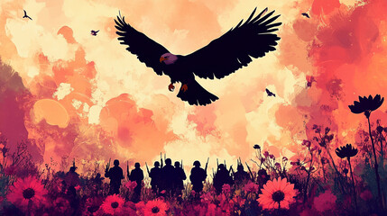 Soaring eagle over a battlefield, capturing silhouettes of soldiers paying tribute amidst vibrant flowers-2