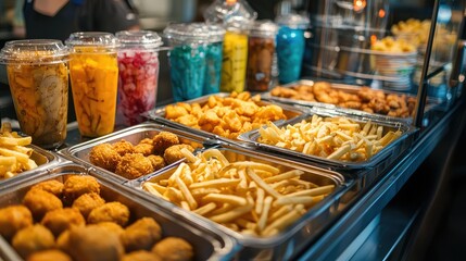 Obraz premium Bustling Fast Food Restaurant Counter Filled with Dishes