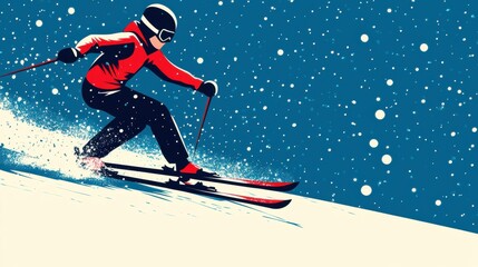 Dynamic Cartoon Skier Racing Down the Slope