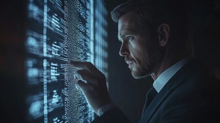 caucasian male businessman in a suit touching a futuristic screen with hologram business graphs and data in a dark server room, demonstrating cutting-edge business technology and digital analysis