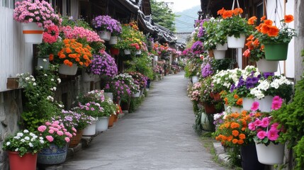 Fototapeta premium Vibrant Floral Pathway in Tranquil Setting