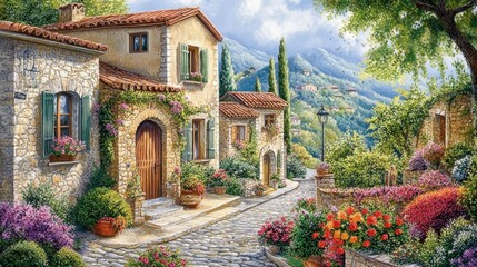 Naklejka premium Charming Italian Village with Lush Gardens and Mountains