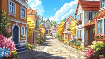 Naklejka premium Charming Colorful Street in a Quaint Village Scene