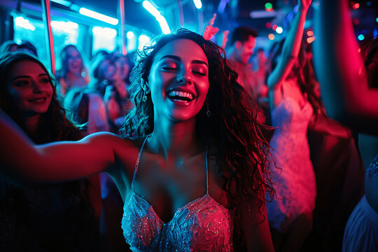 hen party celebration with disco lights in bus interior, mood lighting