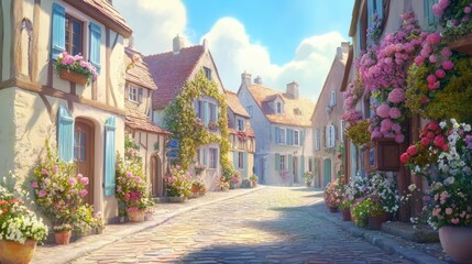 Fototapeta premium Charming Flower-Filled Street in Quaint Village