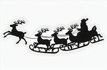 Silhouette of Santa Claus in his sleigh flying with reindeer, vector illustration on a white background