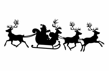 Silhouette of Santa Claus in his sleigh flying with reindeer, vector illustration on a white background