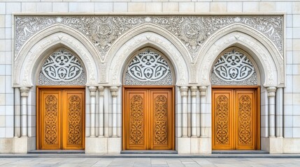 Obraz premium The striking wooden doors, adorned with intricate carvings, stand in a row beneath beautifully detailed arches, showcasing exquisite craftsmanship in a tranquil outdoor setting
