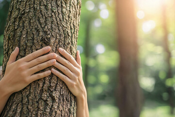 a therapeutic tree hugging in serene woodland setting, soft forest light