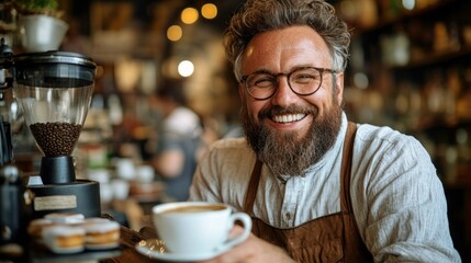 A cheerful barista with curly hair and glasses serves a cup of coffee while sitting behind a counter adorned with baked goods in a charming cafe environment