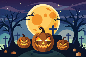 Fototapeta premium halloween pumpkins in a graveyard with a full moon