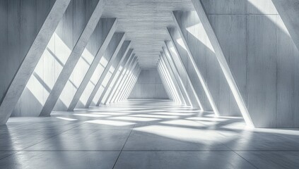 Abstract geometric background with white triangular shapes on the wall and floor, minimalist interior design of an empty room