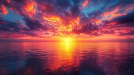 Obraz premium the sky bursts into fiery hues of orange, pink, purple, and yellow, creating an ethereal panorama of vibrant colors as the sun dips below the horizon, evoking peace and wonder
