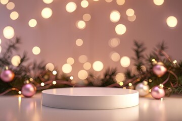 A circular white podium surrounded by festive lights and ornaments during the holiday season indoors