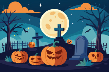 halloween pumpkins in a graveyard with a full moon