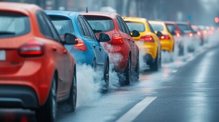 Obraz premium A vibrant lineup of colorful cars, including red, blue, and yellow, is caught in heavy traffic on a wet street. Steam rises from their exhausts as rain falls, creating a dynamic city atmosphere