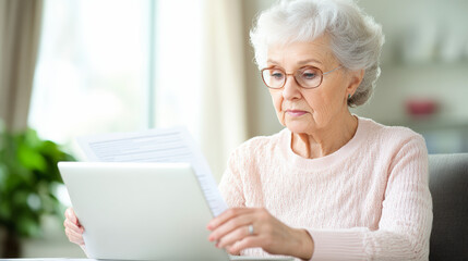 Elderly woman with glasses reading documents at a desk, focused and thoughtful, in a bright room with soft lighting and plants in the background.