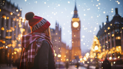 Obraz premium Person in Warm Winter Attire Standing Before Snowy Big Ben in London