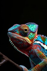 Obraz premium A colorful chameleon with a black background. The chameleon is looking at the camera