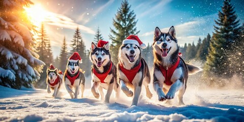 Naklejka premium Happy Huskies in Santa Outfits Running in Snow - Festive Winter Scene with Copy Space for Holiday Greetings