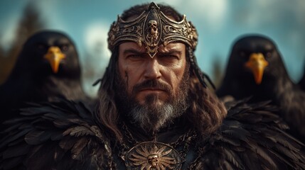 The powerful figure, wearing a crown and feathered attire, gazes intently ahead, flanked by two ravens, suggesting authority and mystery in an outdoor setting