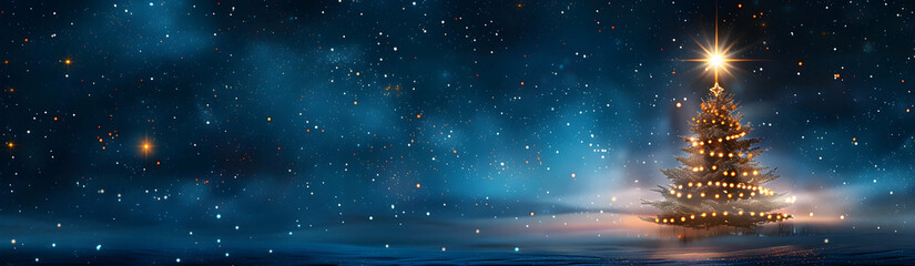 Naklejka premium A panoramic view of the night sky with stars, featuring a single Christmas tree made from twinkling lights on one side. The background is dark blue and black