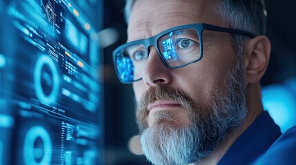 A focused man analyzes complex data on multiple digital screens, surrounded by a dark office setting illuminated by blue light, reflecting his concentration and expertise in technology