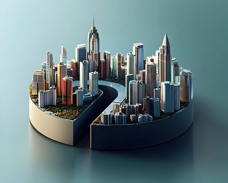 Futuristic Pie Chart Cityscape Representing Global Population Density