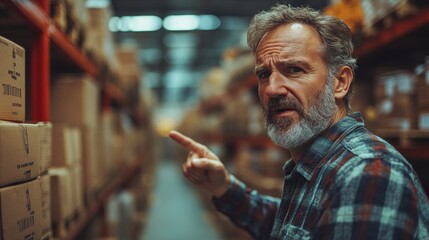 A middle-aged man with a beard stands in a large warehouse, examining the shelves filled with boxes. He is gesturing as if directing someone or indicating a specific area of interest