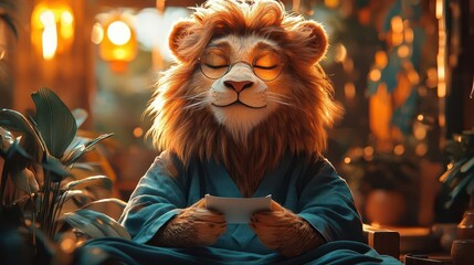 therapist lion with a gentle expression, seated in a cozy room, guiding diverse individuals in speech, surrounded by warm colors and supportive decor, evoking encouragement