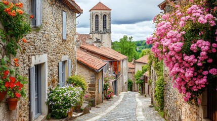 Fototapeta premium Scenic Village Lane with Flowers and Stone Houses
