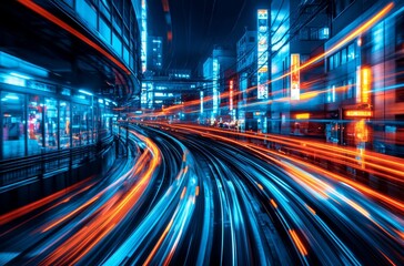Naklejka premium 夜の街で流れる電車と周囲の明かりが織りなす美しい光の軌跡