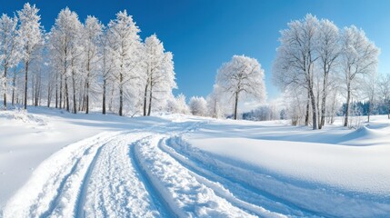 Obraz premium A tranquil winter setting showcases a blanket of fresh snow covering tall trees, with winding tracks cut through the pristine landscape under a bright blue sky